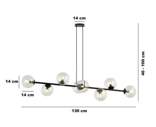 Bioledex Reythar Pendelleuchte 8-fach E14 schwarz klar 130x100x30cm Made in Europe