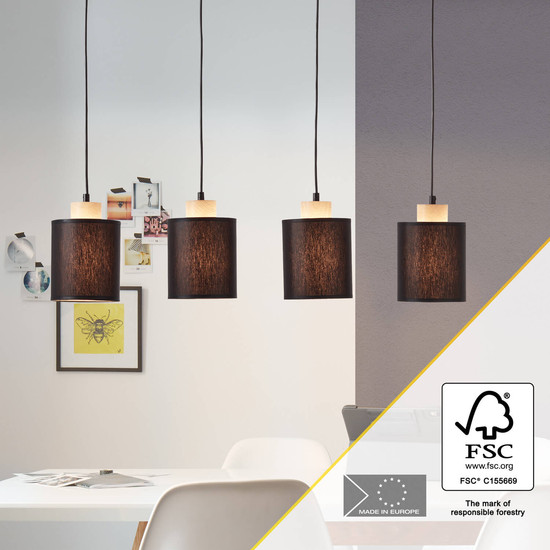 Brilliant Vonnie Pendelleuchte, 4-flammig E27 Schwarz Holz Made in Europe, FSC 99413/76