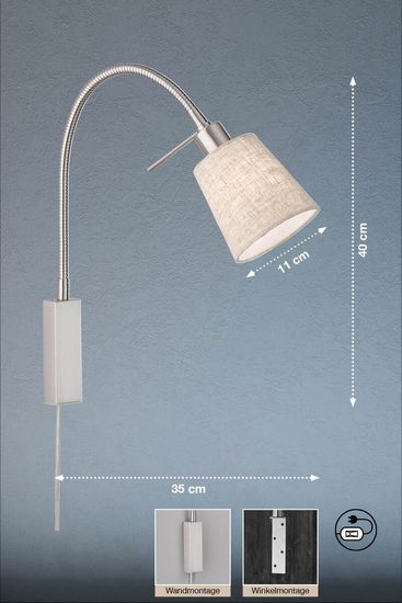 Fischer & Honsel Wolke Wandspot flex E14 Stoffschirm sandfarben Leinen nickel 30321