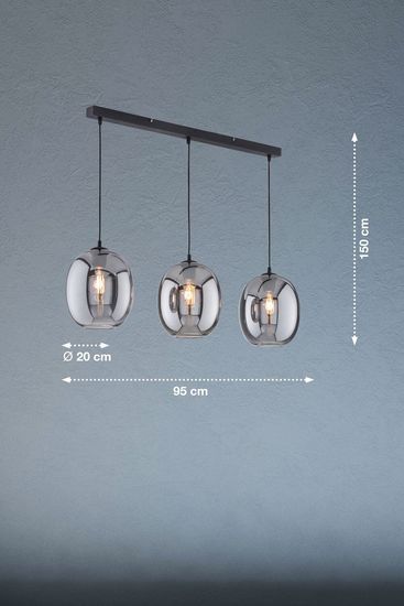 Fischer & Honsel Nayla Pendelleuchte 3-fach E27 Glas rauchfarben sandschwarz 60907