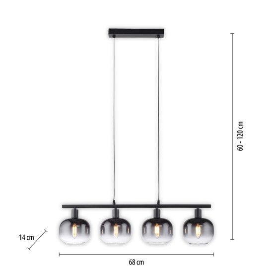 JUST LIGHT ZEA Pendelleuchte E14 max.25W 4-fach Schwarz/Rauchfarben 15421-18