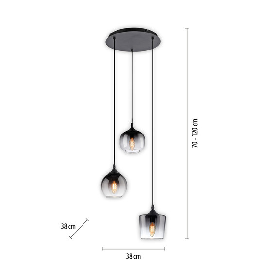 JUST LIGHT ZEA Pendelleuchte E14 max.25W 3-fach Schwarz/Rauchfarben 70-120cm 15424-18