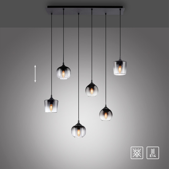 JUST LIGHT ZEA Pendelleuchte E14 max.25W 6-fach Schwarz/Rauchfarben 64-120cm 15425-18