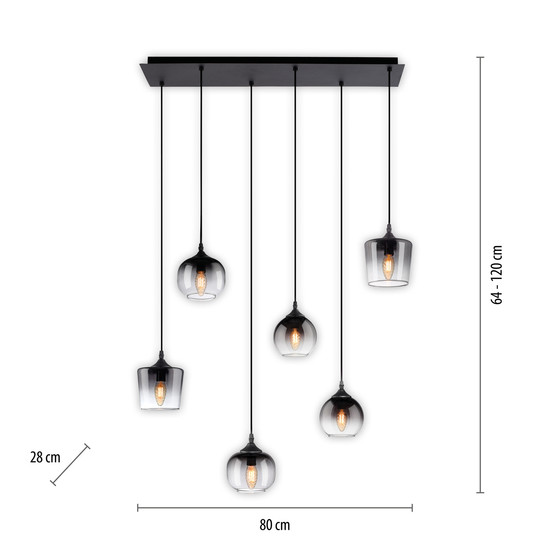 JUST LIGHT ZEA Pendelleuchte E14 max.25W 6-fach Schwarz/Rauchfarben 64-120cm 15425-18