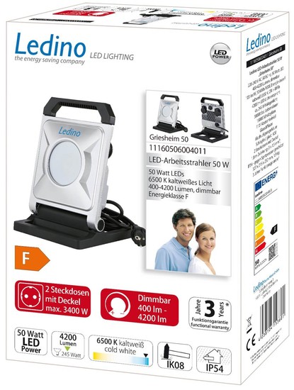 Ledino LED-Arbeitsstrahler 50W mobile Bauleuchte, Fluter Griesheim 50, 4500lm, 2 Steckdosen tageslichtweiss