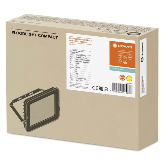 LEDVANCE FLOODLIGHT COMPACT Fluter 50W 830 SYM 100 weiss 4500lm 3000K warmweiss IP65 4058075574878