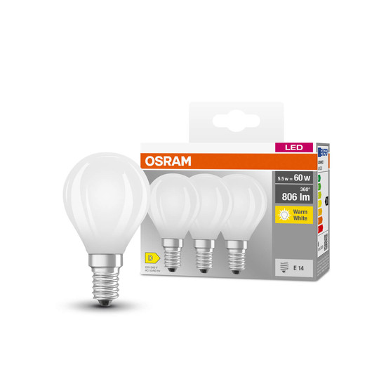 3er Pack OSRAM LED Lampe BASE CLASSIC P 5.5W 827 Frosted E14 Warmweiss 4058075592599