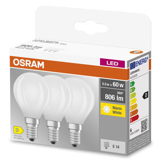 3er Pack OSRAM LED Lampe BASE CLASSIC P 5.5W 827 Frosted E14 Warmweiss 4058075592599