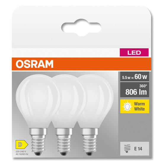 3er Pack OSRAM LED Lampe BASE CLASSIC P 5.5W 827 Frosted E14 Warmweiss 4058075592599