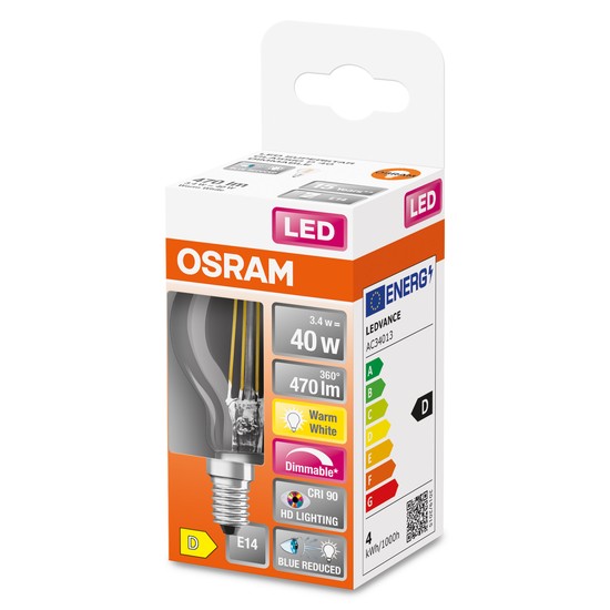 OSRAM LED Lampe Superstar Plus E14 Filament 3,4W 470lm warmweiss 2700K dimmbar 90Ra wie 40W 4058075603158