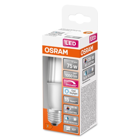 OSRAM LED Stick Lampe Superstar Plus matt E27 11W 1050lm tageslichtweiss 6500K dimmbar 90Ra wie 75W 4058075611580