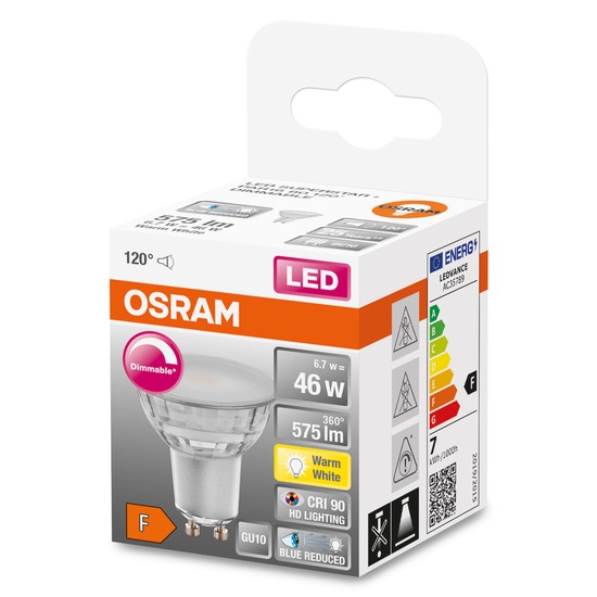 OSRAM LED Spot Strahler Superstar Plus GU10 6,7W 575lm warmweiss 2700K 120° dimmbar 90Ra wie 46W 4058075613164