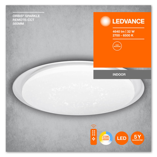 LEDVANCE LED Deckenleuchte ORBIS Sparkle Remote-CCT 56cm 32W Dimmbar Tunable White, Kalt-zu-Warm-Farbwechsel 4058075633193