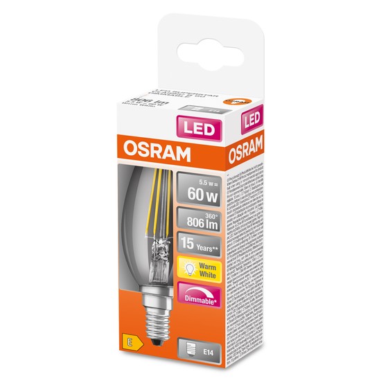 OSRAM LED Kerzenlampe Retrofit E14 5,5W 806lm warmweiss 2700K dimmbar wie 60W