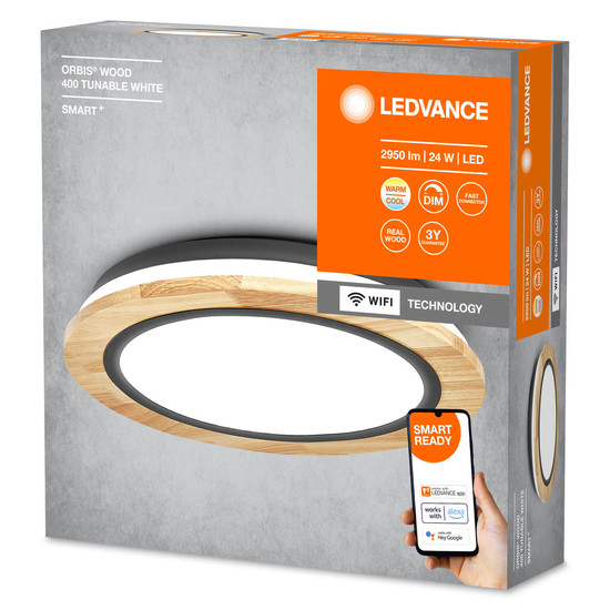 LEDVANCE LED Deckenleuchte Smart+ Orbis Ceiling Wood 40cm TW Dimmbar Tunable White, Kalt-zu-Warm-Farbwechsel 4058075754751