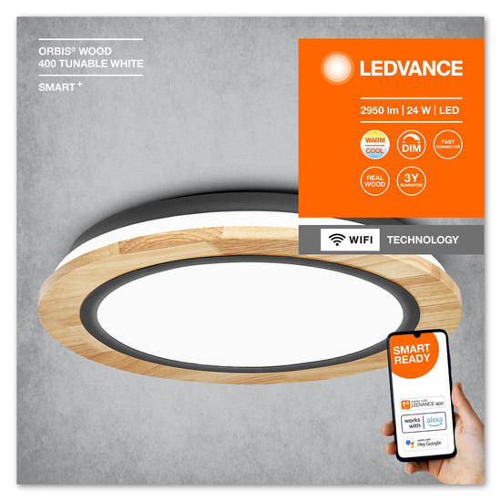 LEDVANCE LED Deckenleuchte Smart+ Orbis Ceiling Wood 40cm TW Dimmbar Tunable White, Kalt-zu-Warm-Farbwechsel 4058075754751