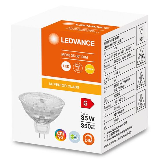 LEDVANCE LED Reflektor MR16 5W 927 GU5.3 Spot, Strahler 350lm 2700K warmweiss wie 35W dimmbar 4058075757684