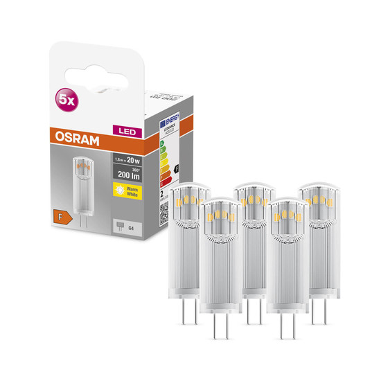 5er Pack OSRAM LED Lampe BASE PIN G4 12 V 1.8W 827 Clear G4 Warmweiss 4058075758025