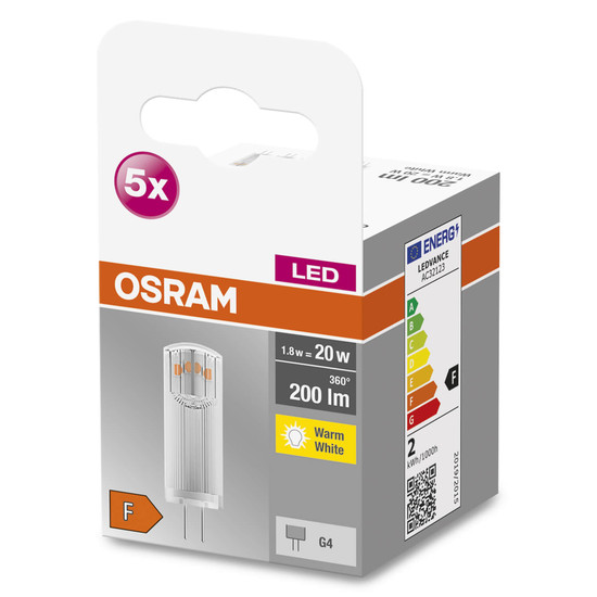 5er Pack OSRAM LED Lampe BASE PIN G4 12 V 1.8W 827 Clear G4 Warmweiss 4058075758025