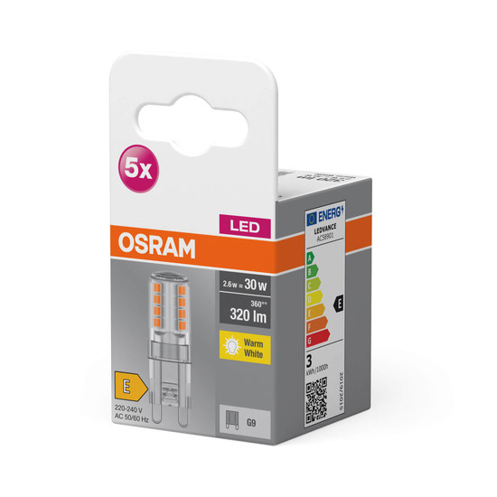 5er Pack OSRAM LED Lampe BASE PIN G9 2.6W 827 Clear G9 Warmweiss 4058075758063