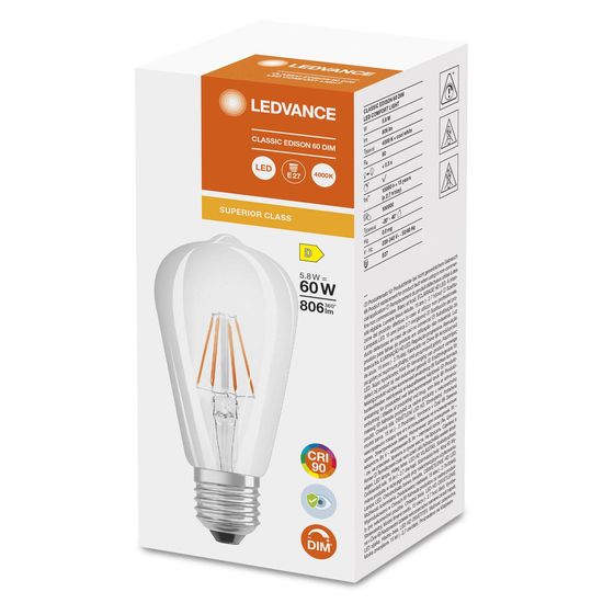 LEDVANCE LED CLASSIC EDISON CRI90 5.8W/4000 K E27 Lampe 806lm 4000K neutralweiss wie 60W dimmbar 4058075758124