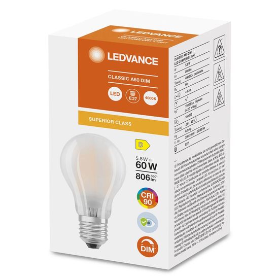 LEDVANCE LED CLASSIC A CRI90 5.8W E27 Lampe 806lm 4000K neutralweiss wie 60W dimmbar 4058075758988