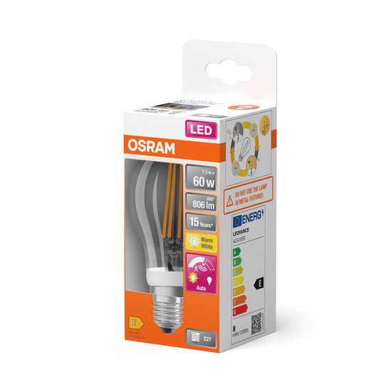 OSRAM LED Lampe MOTION SENSOR CLASSIC A Filament 7.3W 827 Clear E27 Warmweiss 4058075762039