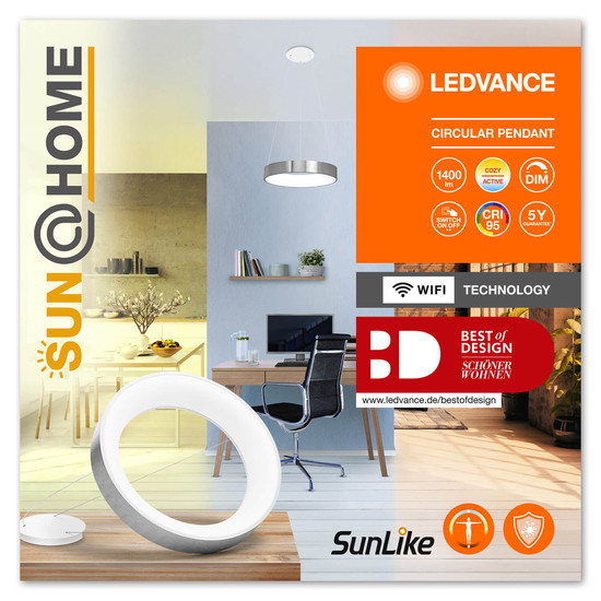 LEDVANCE LED Deckenleuchte Sun@Home Circular Pendant Silver Dimmbar Tunable White, Kalt-zu-Warm-Farbwechsel 4058075762749