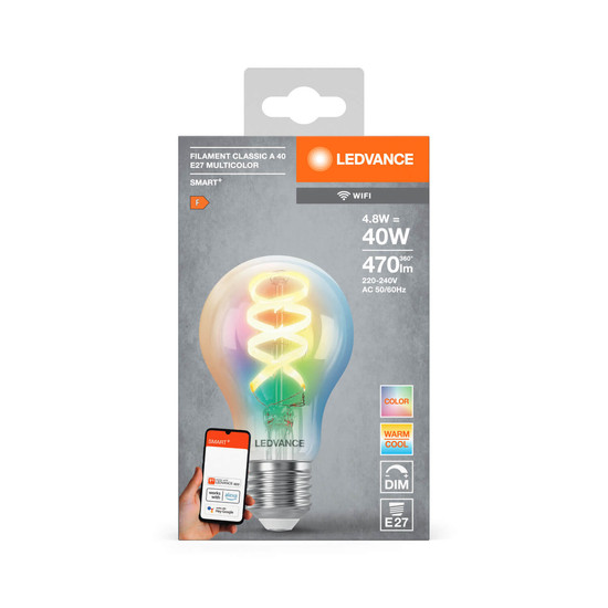 LEDVANCE LED Lampe SMART+WIFI Filament Classic RGBTW E27 Dimmbar RGBTW Farbwechsel / steuerbare Lichtfarbe 4058075777859