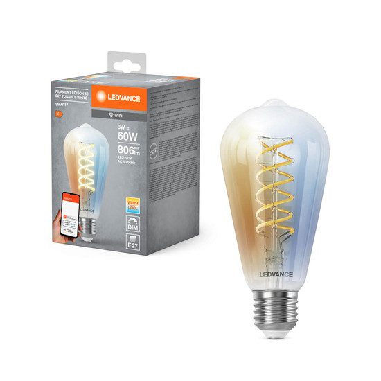 LEDVANCE LED Lampe Smart+ Wifi Filament Edison Tunable White E27 Dimmbar Tunable White, Kalt-zu-Warm-Farbwechsel 4058075777996