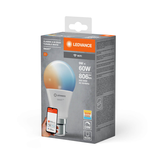 LEDVANCE LED Lampe SMART+ WiFi Classic Tunable White 230V TW FR B22D SINGLE PACK Dimmbar Tunable White, Kalt-zu-Warm-Farbwechsel 4058075778436