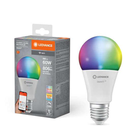 LEDVANCE LED Lampe SMART+ WiFi Classic Multicolour 230V RGBW FR E27 SINGLE PACK Dimmbar RGBTW Farbwechsel / steuerbare Lichtfarbe 4058075778450