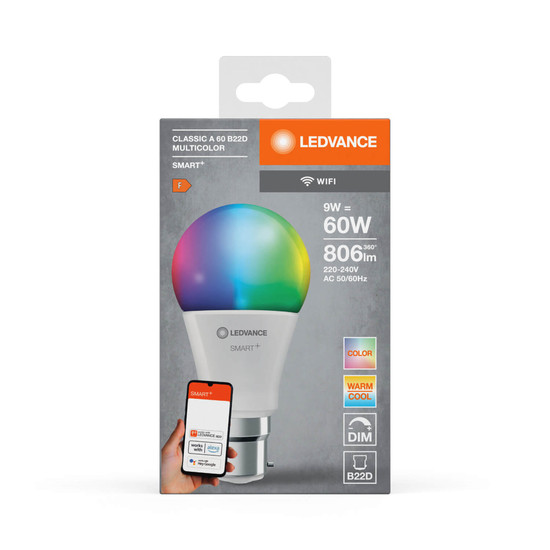LEDVANCE LED Lampe SMART+ WiFi Classic Multicolour 230V RGBW FR B22D SINGLE PACK Dimmbar RGBTW Farbwechsel / steuerbare Lichtfarbe 4058075778474