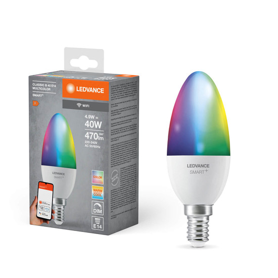 LEDVANCE LED Lampe SMART+ WiFi Candle Multicolour 230V RGBW FR E14 SINGLE PACK Dimmbar RGBTW Farbwechsel / steuerbare Lichtfarbe 4058075778597