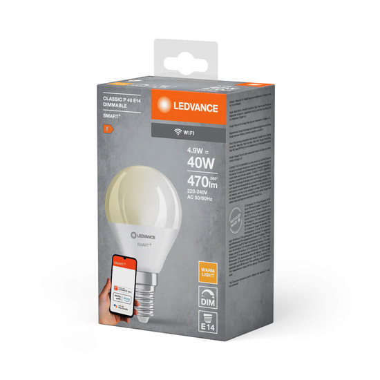 LEDVANCE LED Lampe SMART+ WiFi Mini Bulb 230V FR E14 SINGLE PACK Dimmbar Warmweiss 4058075778610