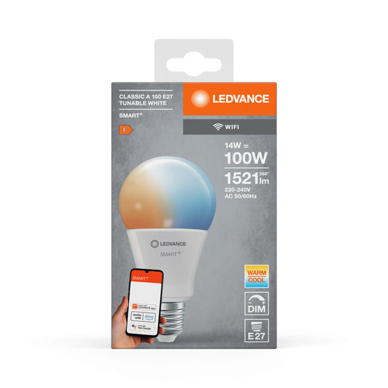 LEDVANCE LED Lampe SMART+ WiFi Classic Tunable White 230V TW FR E27 SINGLE PACK Dimmbar Tunable White, Kalt-zu-Warm-Farbwechsel 4058075778702