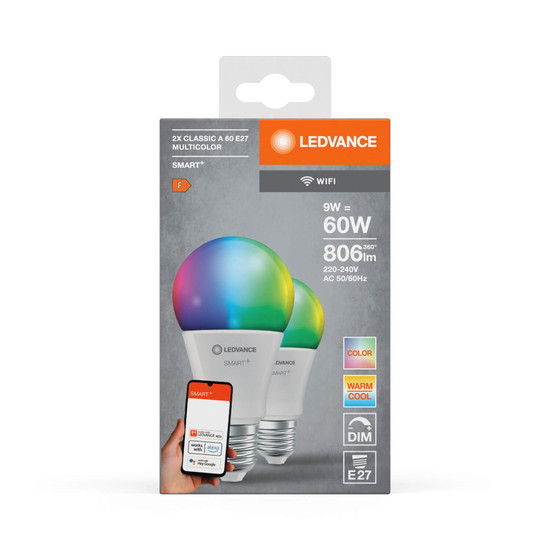 2er Pack LEDVANCE LED Lampe SMART+ WiFi Classic Multicolour 230V RGBW FR E27 DUAL PACK Dimmbar RGBTW Farbwechsel / steuerbare Lichtfarbe 4058075778771