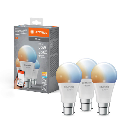 3er Pack LEDVANCE LED Lampe SMART+ WiFi Classic Tunable White 230V TW FR B22D TRIPLE PACK Dimmbar Tunable White, Kalt-zu-Warm-Farbwechsel 4058075778856