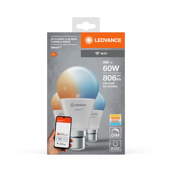 3er Pack LEDVANCE LED Lampe SMART+ WiFi Classic Tunable White 230V TW FR B22D TRIPLE PACK Dimmbar Tunable White, Kalt-zu-Warm-Farbwechsel 4058075778856