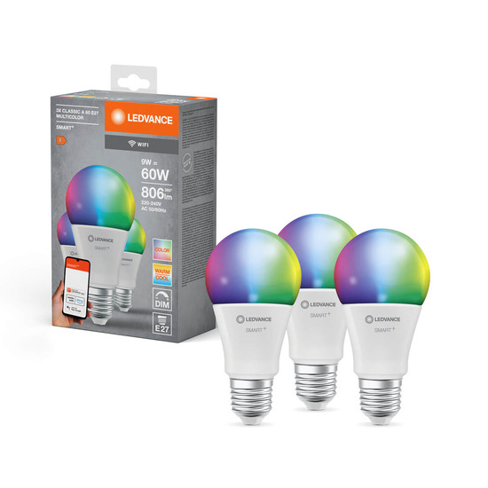 3er Pack LEDVANCE LED Lampe SMART+ WiFi Classic Multicolour 230V RGBW FR E27 TRIPLE PACK Dimmbar RGBTW Farbwechsel / steuerbare Lichtfarbe 4058075778870