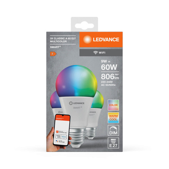 3er Pack LEDVANCE LED Lampe SMART+ WiFi Classic Multicolour 230V RGBW FR E27 TRIPLE PACK Dimmbar RGBTW Farbwechsel / steuerbare Lichtfarbe 4058075778870