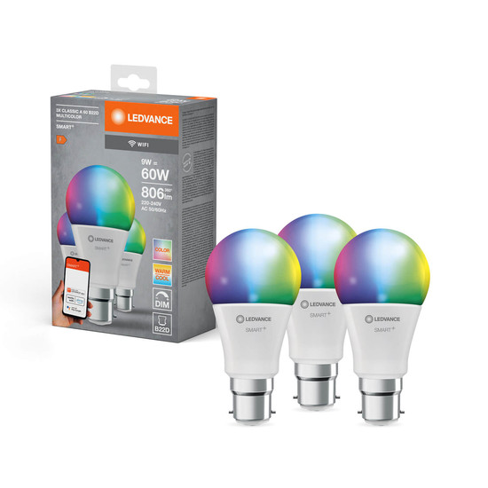 3er Pack LEDVANCE LED Lampe SMART+ WiFi Classic Multicolour 230V RGBW FR B22D TRIPLE PACK Dimmbar RGBTW Farbwechsel / steuerbare Lichtfarbe 4058075778894