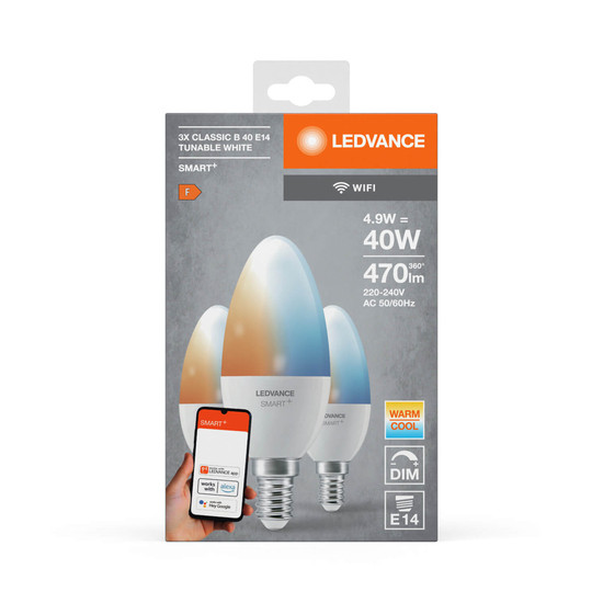 3er Pack LEDVANCE LED Lampe SMART+ WiFi Candle Tunable White 230V TW FR E14 TRIPLE PACK Dimmbar Tunable White, Kalt-zu-Warm-Farbwechsel 4058075779051