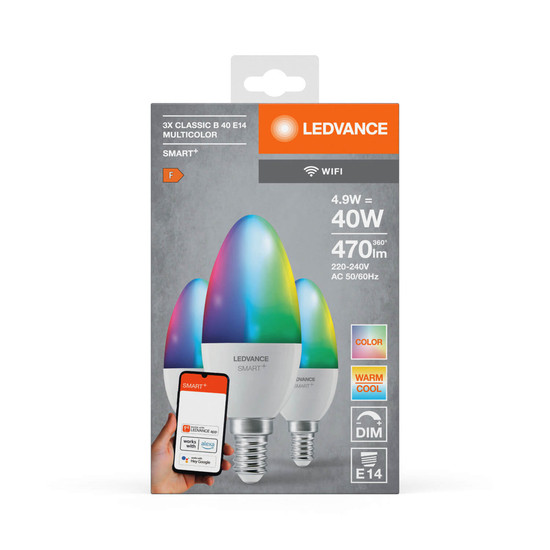 3er Pack LEDVANCE LED Lampe SMART+ WiFi Candle Multicolour 230V RGBW FR E14 TRIPLE PACK Dimmbar RGBTW Farbwechsel / steuerbare Lichtfarbe 4058075779075