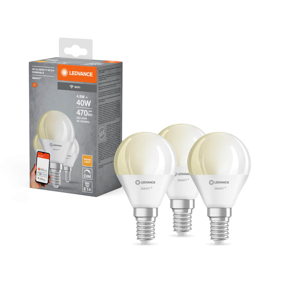 3er Pack LEDVANCE LED Lampe SMART+ WiFi Mini Bulb 230V FR E14 TRIPLE PACK Dimmbar Warmweiss 4058075779099