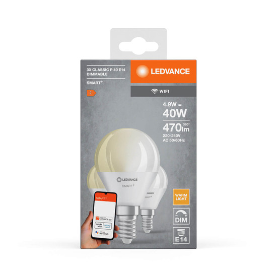 3er Pack LEDVANCE LED Lampe SMART+ WiFi Mini Bulb 230V FR E14 TRIPLE PACK Dimmbar Warmweiss 4058075779099