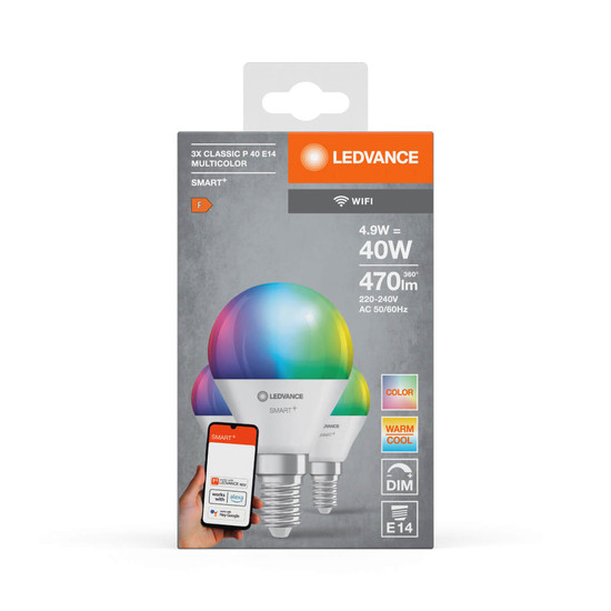 3er Pack LEDVANCE LED Lampe SMART+ WiFi Mini Bulb Multicolour 230V RGBW FR E14 TRIPLE PACK Dimmbar RGBTW Farbwechsel / steuerbare Lichtfarbe 4058075779136