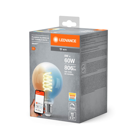 LEDVANCE LED Lampe Smart+ Wifi Filament Globe Tunable White 2700K E27 Dimmbar Tunable White, Kalt-zu-Warm-Farbwechsel 4058075793958