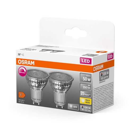 2er Pack OSRAM LED Spot, Strahler SUPERSTAR PAR16 4.5W 927 GU10 Dimmbar Warmweiss 4058075797901