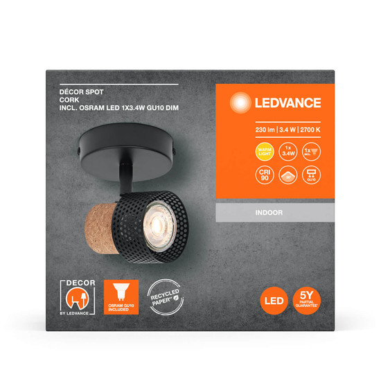 LEDVANCE LED Deckenleuchte DECOR SPOT CORK BLACK 1x3.4W 927 DIM Dimmbar Warmweiss 4058075828667